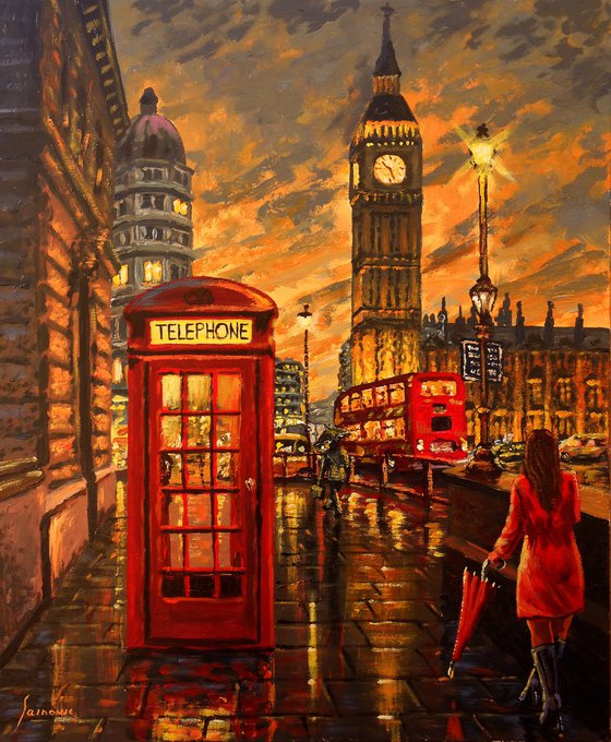 RAINY LONDON   oil on canvas, London scene, Special price ! ORDER THE SAME ARTWORK