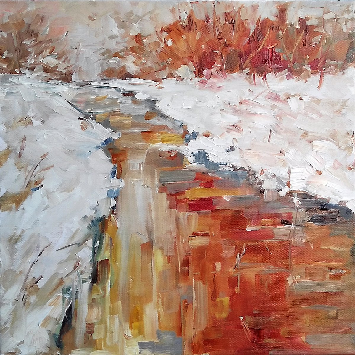 COLORFUL WINTER, 40x40cm, snow river landscape by Emilia Milcheva