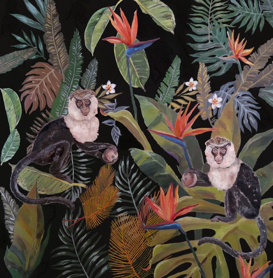 Jungle N°2  - Fern - Tropical - Monkeys - Art-Deco - Organic Floral, XL LARGE PAINTING