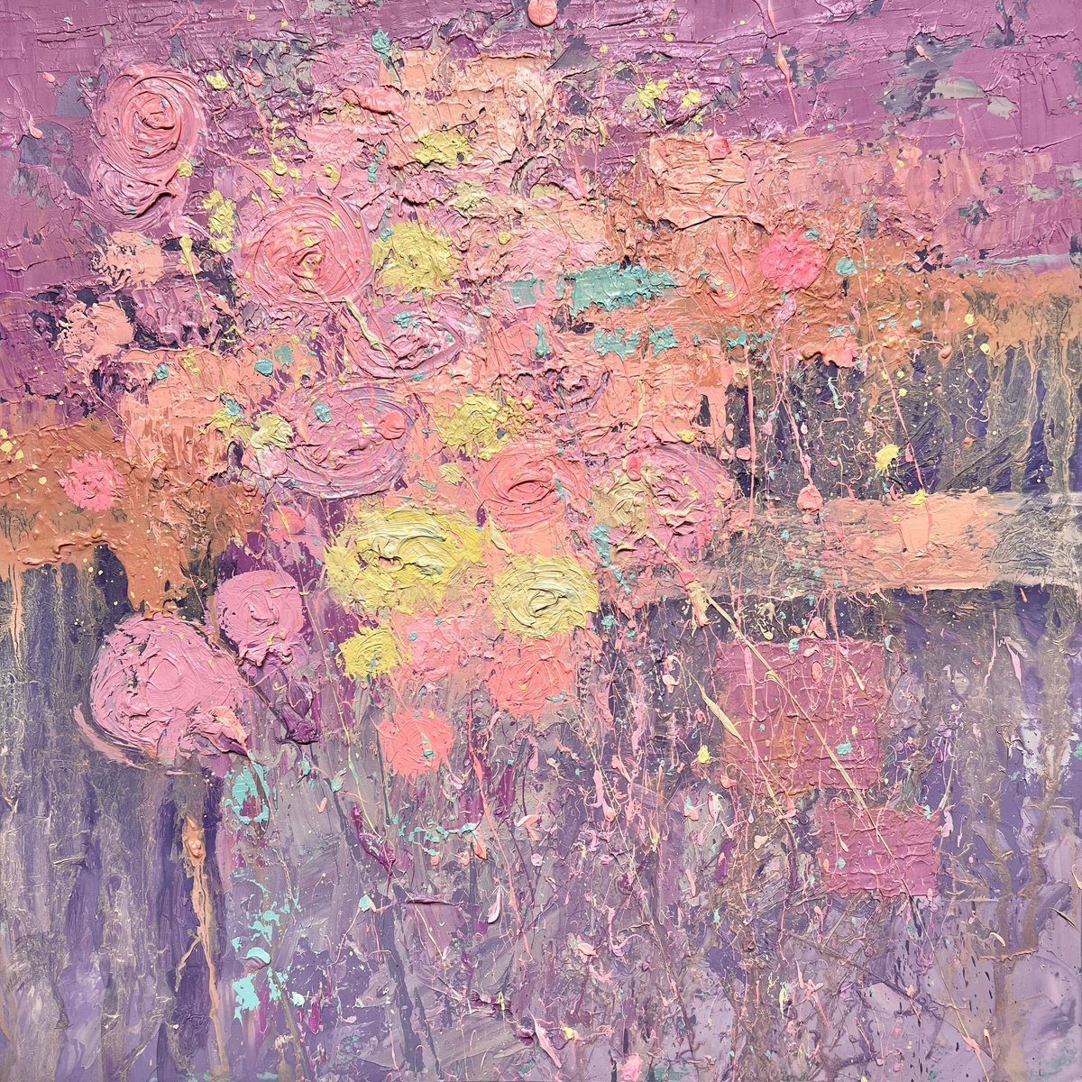 Expressive Still Life Oil Painting By Andrii Kovalyk, 20 X 20, Abstract Flowers #2, Original Artwork