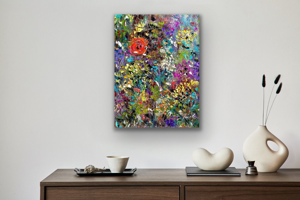 Abstract Oil Painting By Pooja Verma, 16 X 20", Bloom In Chaos - Rose Garden, Original Artwork