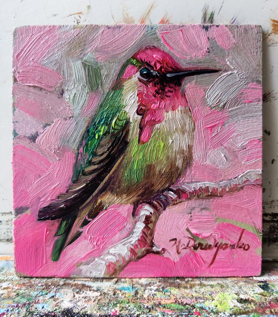 Tiny art Hummingbird painting original 4x4, Pink artwork bird lover gift, Nurse best friend gift