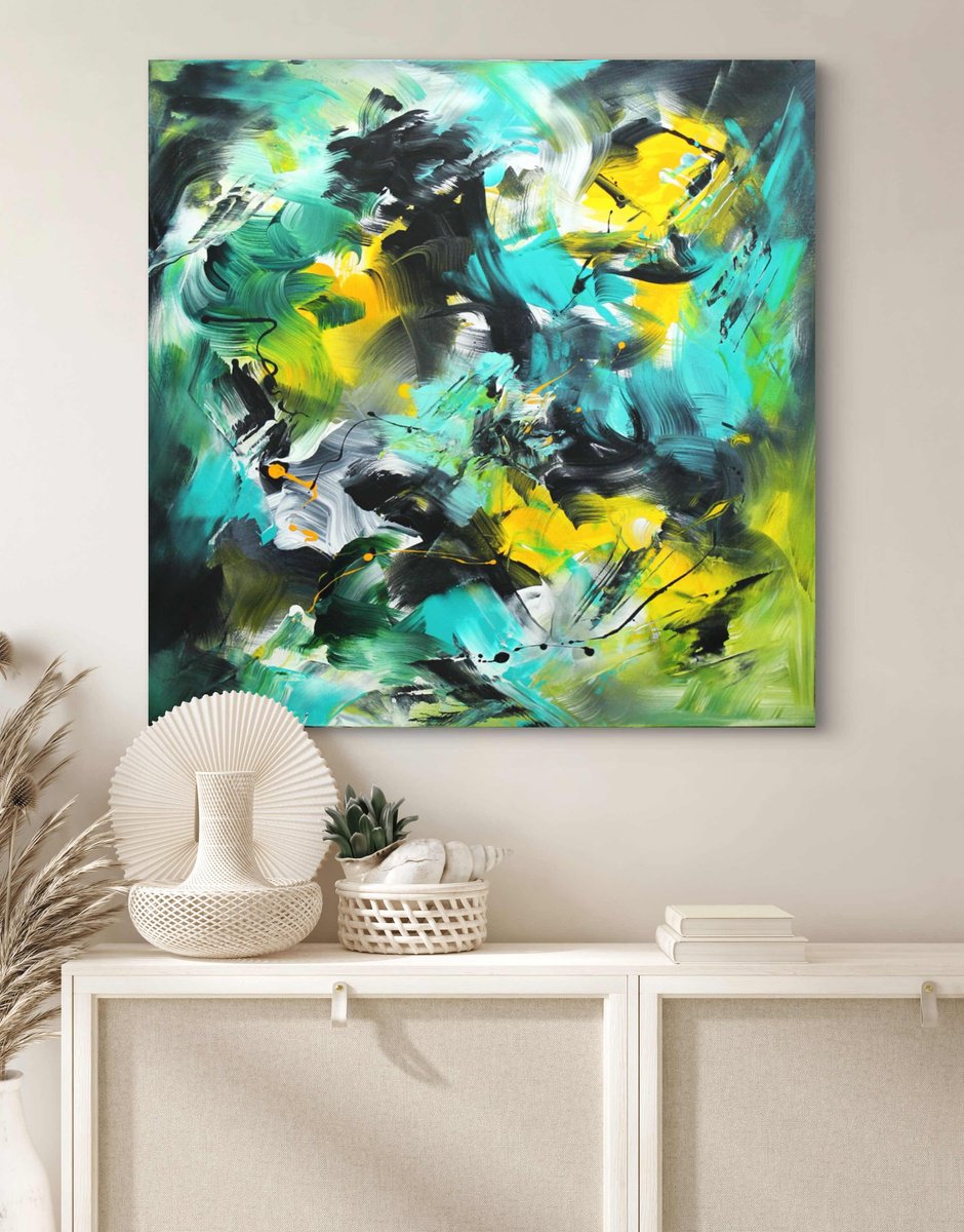Abstract Acrylic Painting By Paresh Nrshinga Frsa, 40 X 40", The Green Leaves Of Summer, Original Artwork