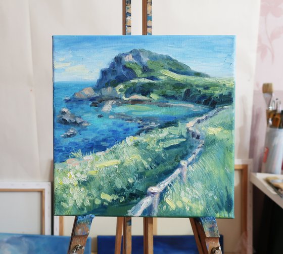 Oil painting Landscape Coast Green Mountains