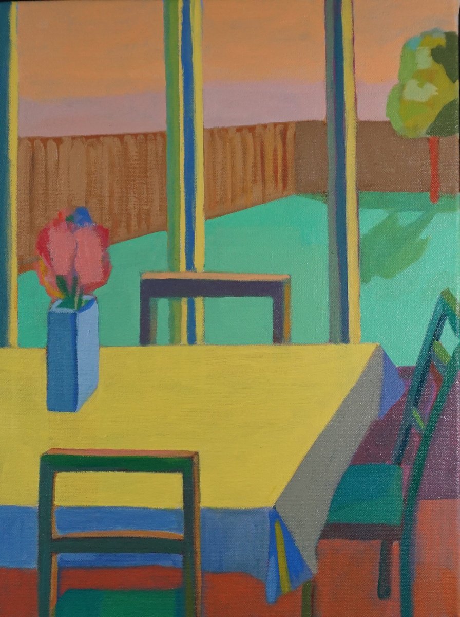 Geometric Oil Painting , Interior With Yellow Table By Patty Rodgers, 12 X 16, Artwork For Sale On Artfinder