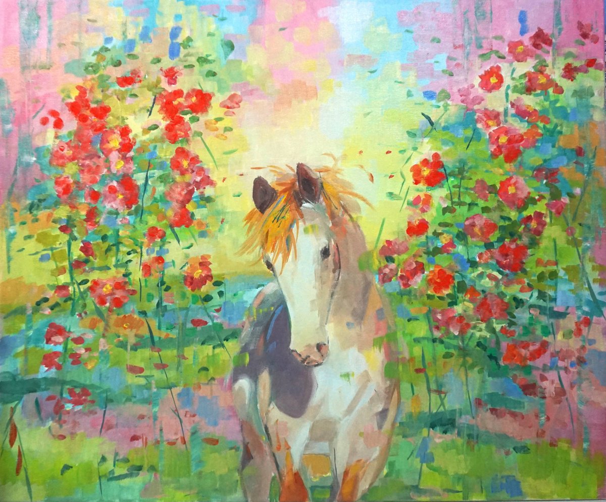 Impressionistic Animal Oil Painting By Amaya Fernandez Fariza, 26 X 21, The White Horse, Original Artwork