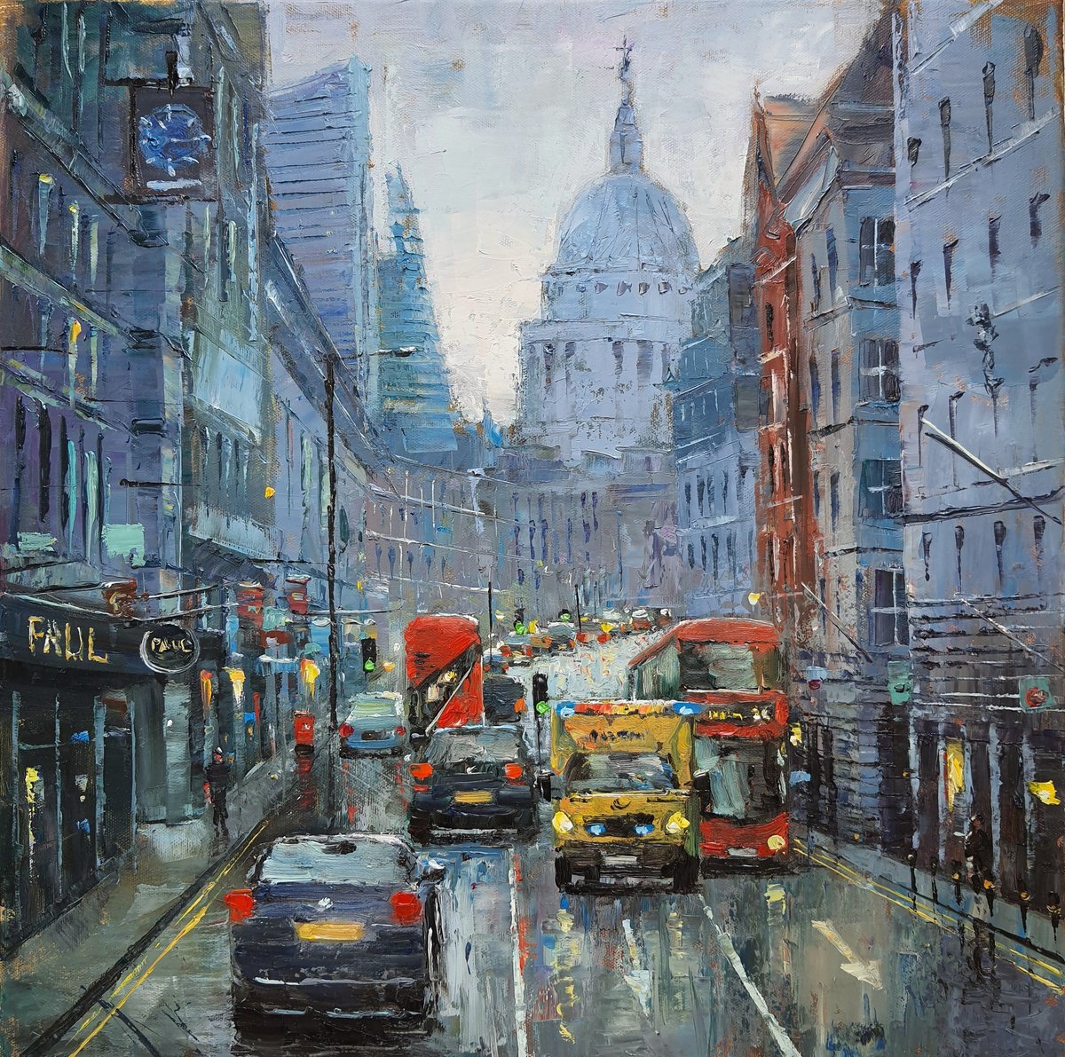 Impressionistic Cityscapes Oil Painting By Roberto Ponte, 20 X 20", Fleet Street London, Original Artwork