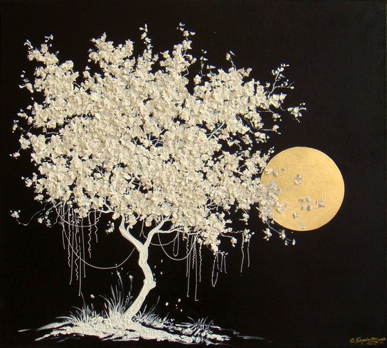 35.5” Blooming White Tree / Large Mixed Media Painting