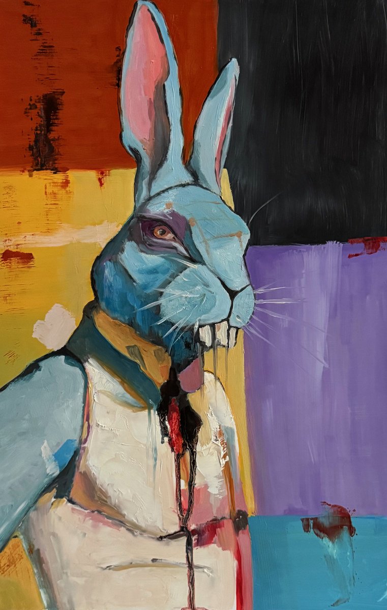 Illustrative Animal Oil Painting By Lola Jovan, 12 X 19", Rabbit, Vexed, Original Artwork