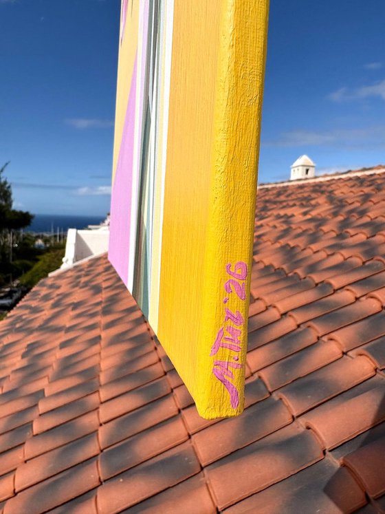BOUQUET OF PINK TULIPS IN A VASE ON YELLOW