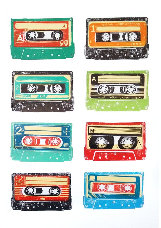 Linocut tapes #33 (cassette tapes, retro music, 70's, 80's rock culture)