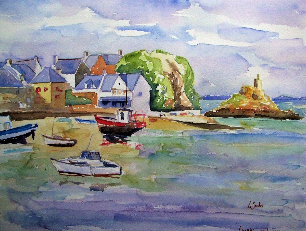 Impressionistic Landscape Watercolour By Jean-Noel Le Junter, 21 X 17, A Breton Harbour, Original Artwork