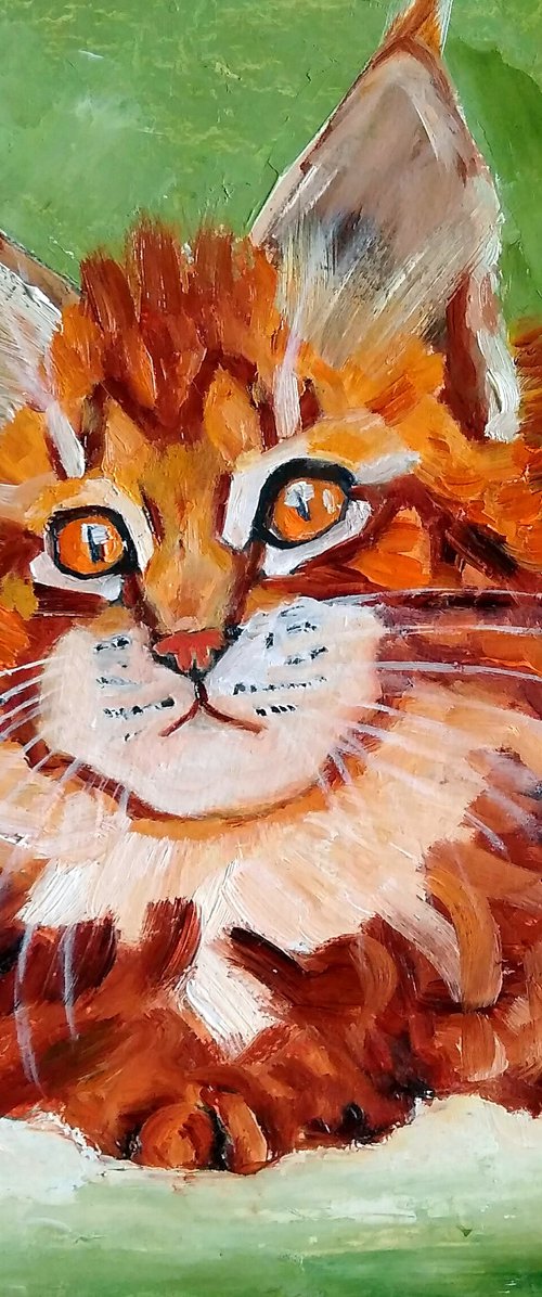 Ginger kitty, Cat Oil Painting Original Art Ginger Maine Coon Kitten Artwork Small Pet Portrait Wall Art by Yulia Berseneva