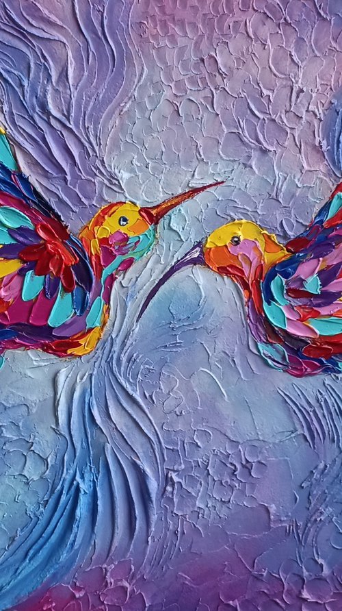 Pink dream - birds, hummingbirds oil painting, texture paste, love oil painting, birds oil painting, hummingbirds, love, animals oil painting, art bird, impressionism, palette knife, gift idea. by Anastasia Kozorez