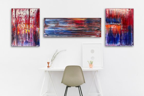 "Cut It Together" - Save As A Series - Original Large PMS Abstract Triptych Oil Paintings On Canvas - 72" x 24"