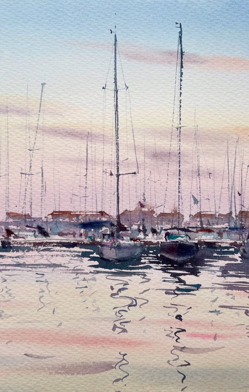 Yachts on the pier in a pink sunset #2 by Eugenia Gorbacheva
