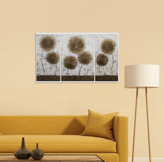 GOLD ASTERS (TRIPTYCH 30X60 40X60 30X60 size, texture, Modern art )