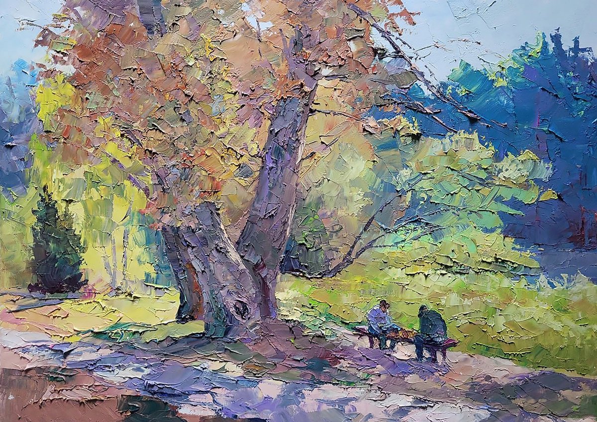 Impressionistic Landscape Oil Painting By Boris Serdyuk, 28 X 20, In The Autumn Park, Original Artwork