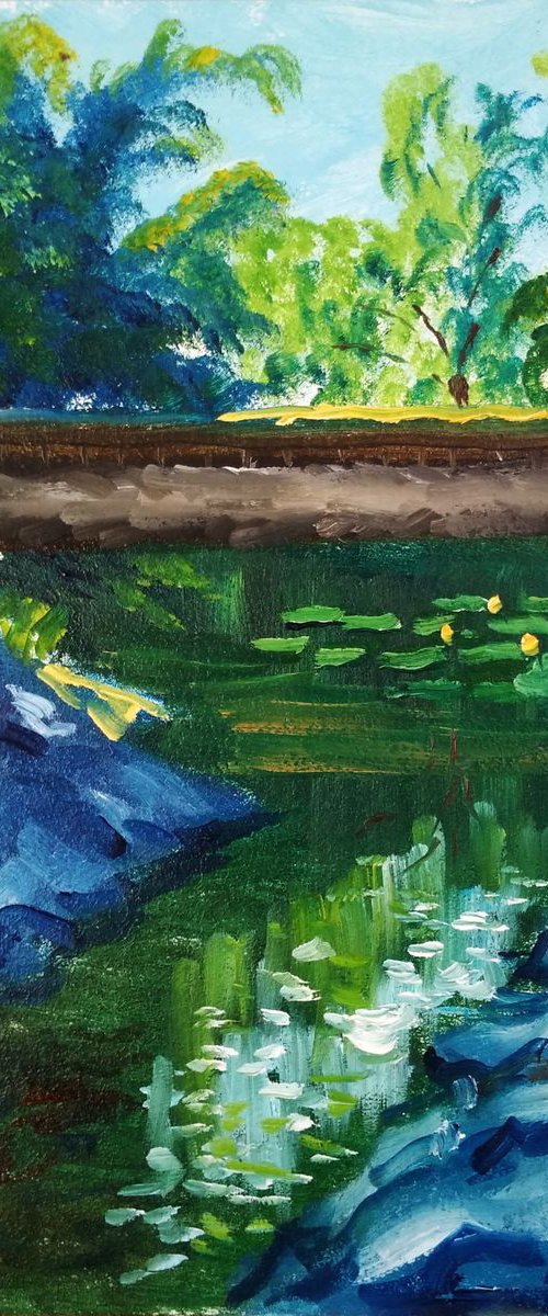 Creek with water lilies under the bridge. Pleinair painting by Dmitry Fedorov