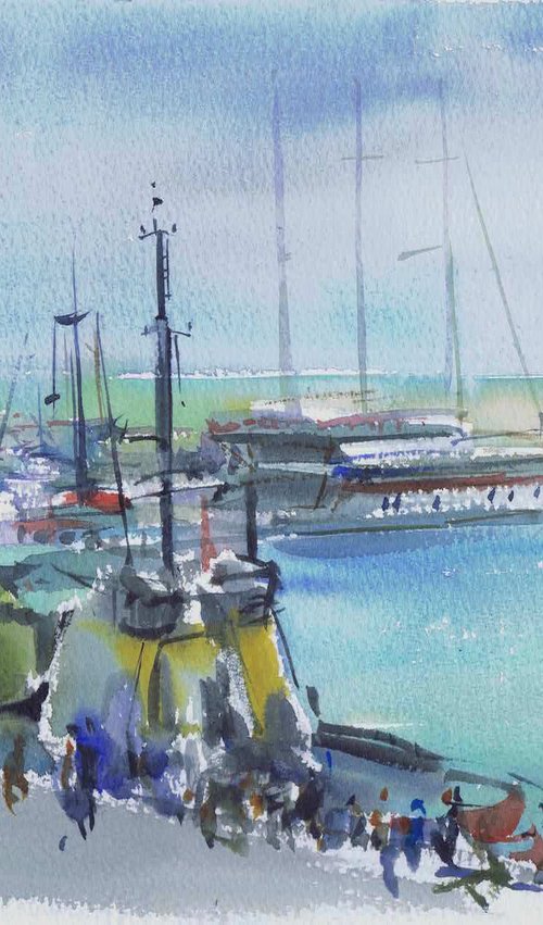 Port in Batumi. Georgia. Watercolour by Marina Trushnikova. Seascape, Plein air artwork, A3 watercolor. by Marina Trushnikova