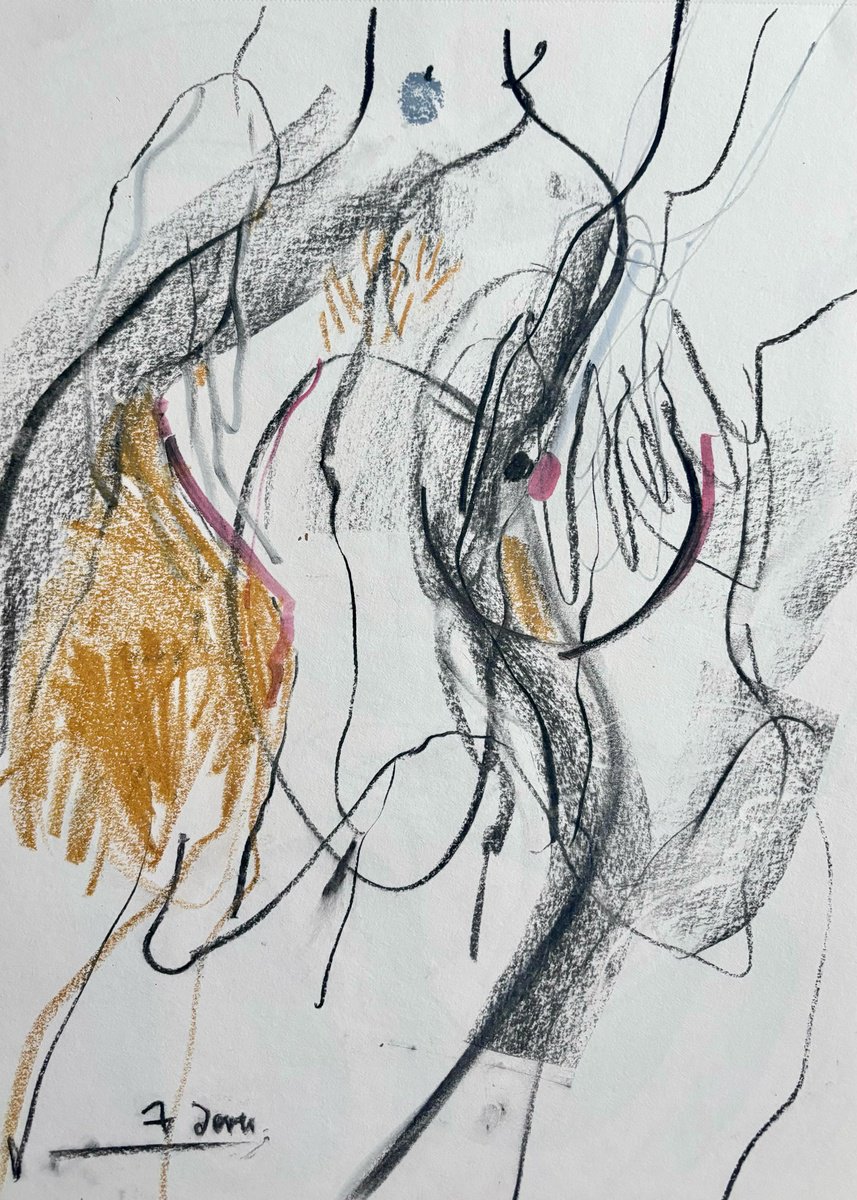 Expressive Abstract Charcoal Drawing By Mari Skakun, 12 X 16", 7 Day. The Body, Original Artwork