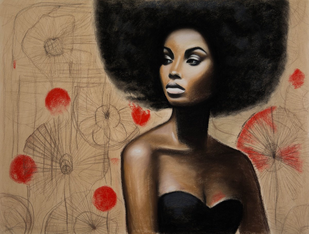 Impressionistic Portrait Pastel Drawing By Inna Medvedeva, 26 X 20, Red Flowers, Original Artwork