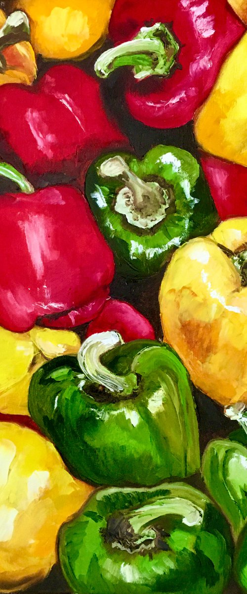 Peppers , oil painting, still life. Palette knife painting on canvas. by Olga Koval