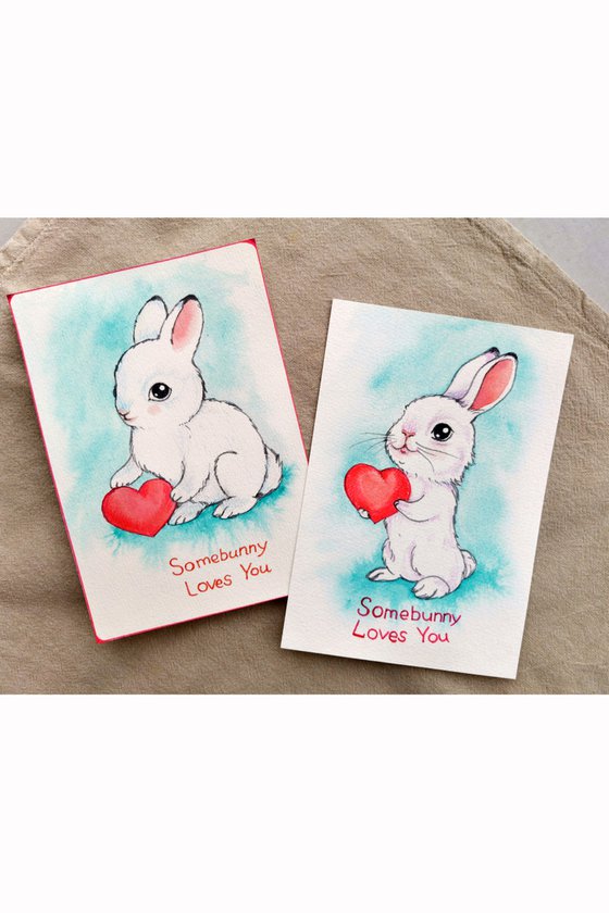 Set of 2 cards for Valentine's day - Some Bunny Loves You! -  Valentine’s Day - Cute Bunny Valentine's Day Card