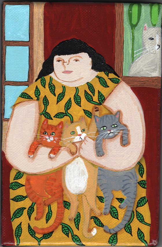 Woman with 3 Cats Original Painting on canvas 4x6