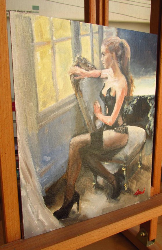 Lost In Thought-erotic figure oil painting.