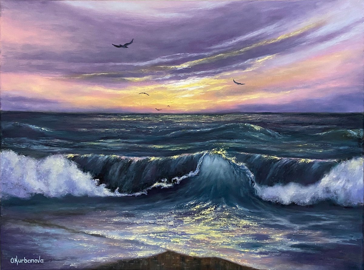 Photorealistic Landscape Oil Painting By Olga Kurbanova, 24 X 18", Lavender Sunset, Original Artwork