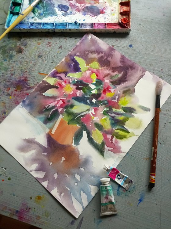 Bunch of Rhododendron Flowers Watercolor Floral Painting