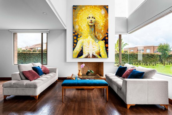 Inner Light. 180 x 120 cm. Magical radiance of the soul. Futuristic fantasy fabulous esoteric surreal mystery harmonious artwork. Yoga meditation relaxation pray aura grace Large format wall art on canvas. Original golden yellow huge digital painting for home decor