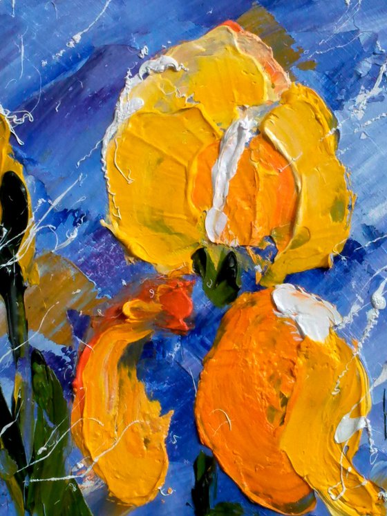 Irises Painting Floral Original Art Abstract Yellow Flowers Small Oil Impasto Pallete Knife Artwork Home Wall Art 6 by 6" by Halyna Kirichenko