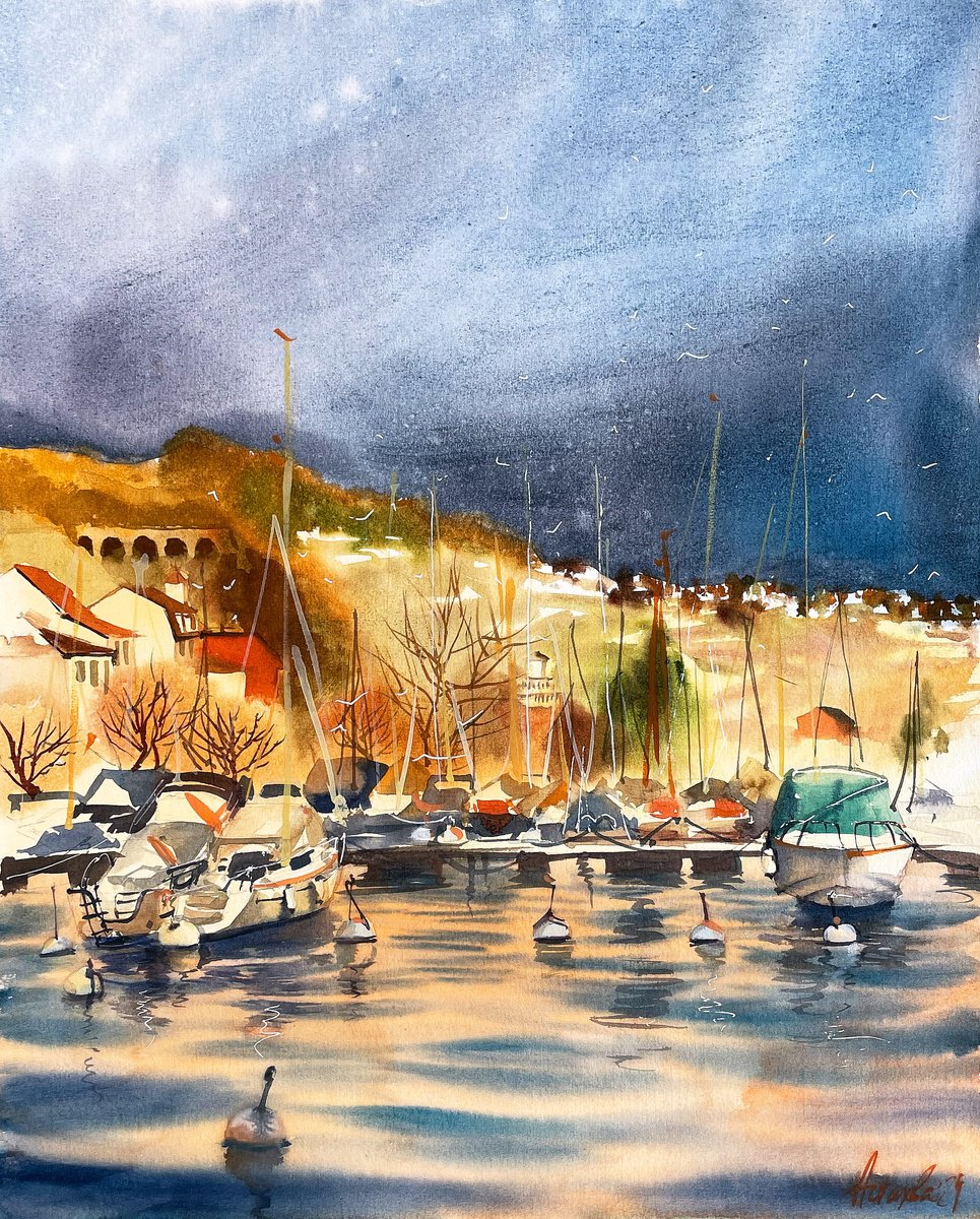 Impressionistic Landscape Watercolour By Ksenia Astakhova, 16 X 20", Winter Sunset In Pully, Original Artwork