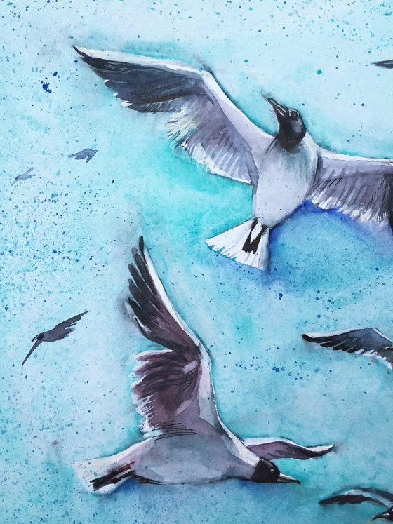 Seagulls. Seascape painting.