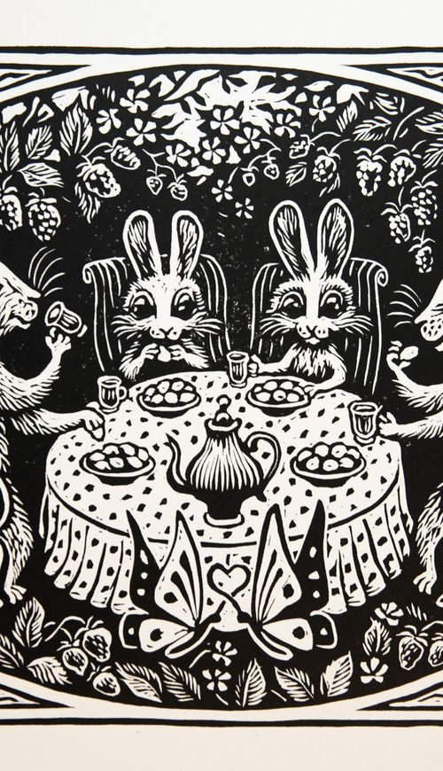 Rabbit Family of 4 Having Dinner. by Valdis Baskirovs