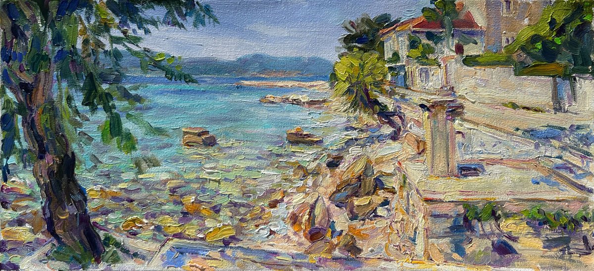 Impressionistic Landscape Oil Painting By Olha Dashkevych, 18 X 8", - Sunny Embankment - ?, Original Artwork