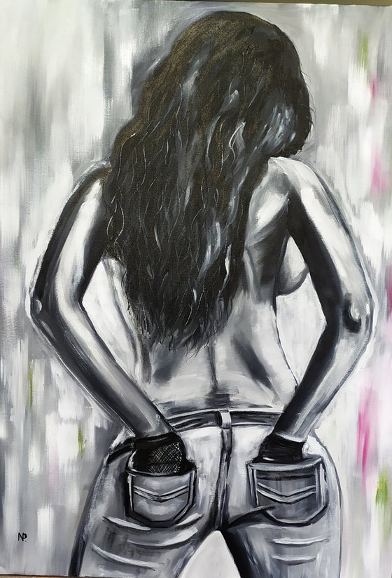 Look for me, original erotic nude girl painting, gift, art for sale, bedroom painting