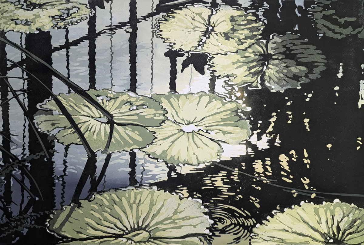Impressionistic Botanical Linocut By Alexandra Buckle, 27 X 19, Lily House Light, Original Artwork