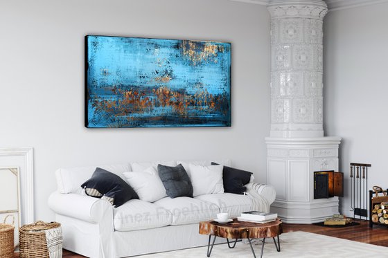 DOWN BY THE SEA - 100 x 160 CM - TEXTURED ACRYLIC PAINTING ON CANVAS * PETROL BLUE * GOLD