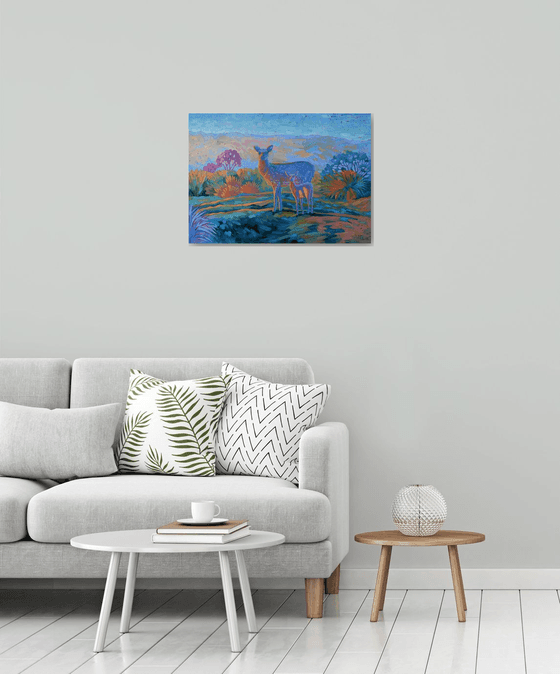 Mother's Love Impressionistic Sunset landscape Mountains Deers Christmas Gift for her