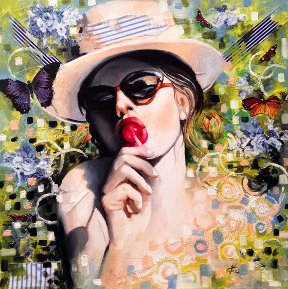 Strawberry lollipop-original oil color - series portrait 16'x 16' (40 x 40 cm )