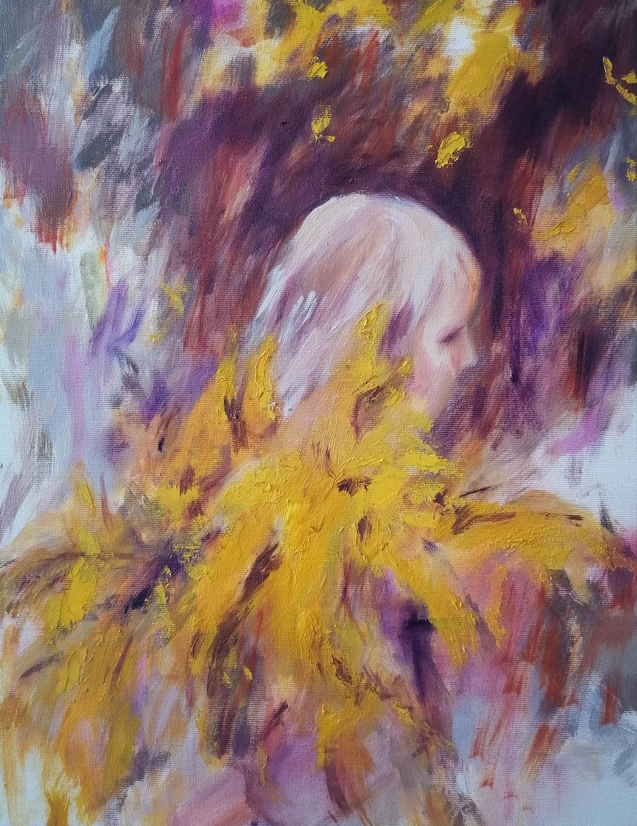 Expressive Portrait Oil Painting By Zuzana Petrakova, 14 X 18", Blooming Goldenrod, Original Artwork