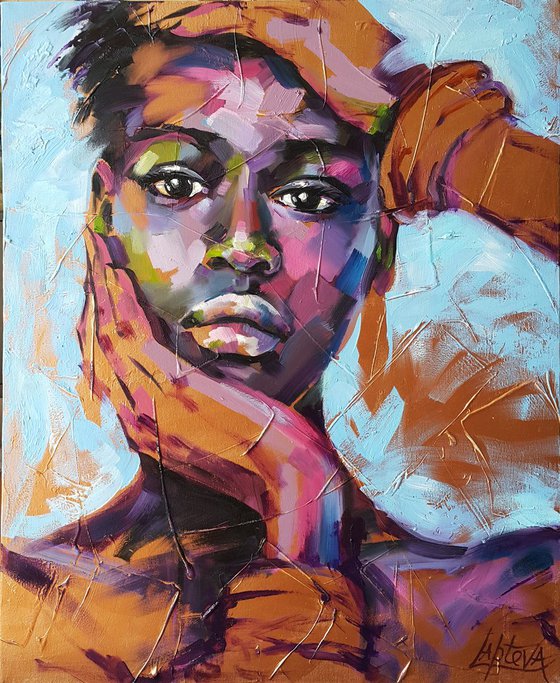 Abstract Portrait  of a young african girl , female face , original oil acrylic artwork