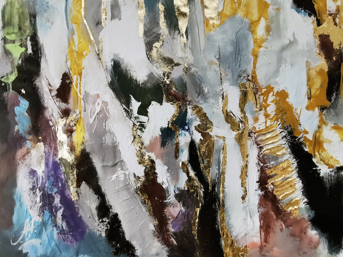 Large abstract painting on canvas, Sparkling gold leaf