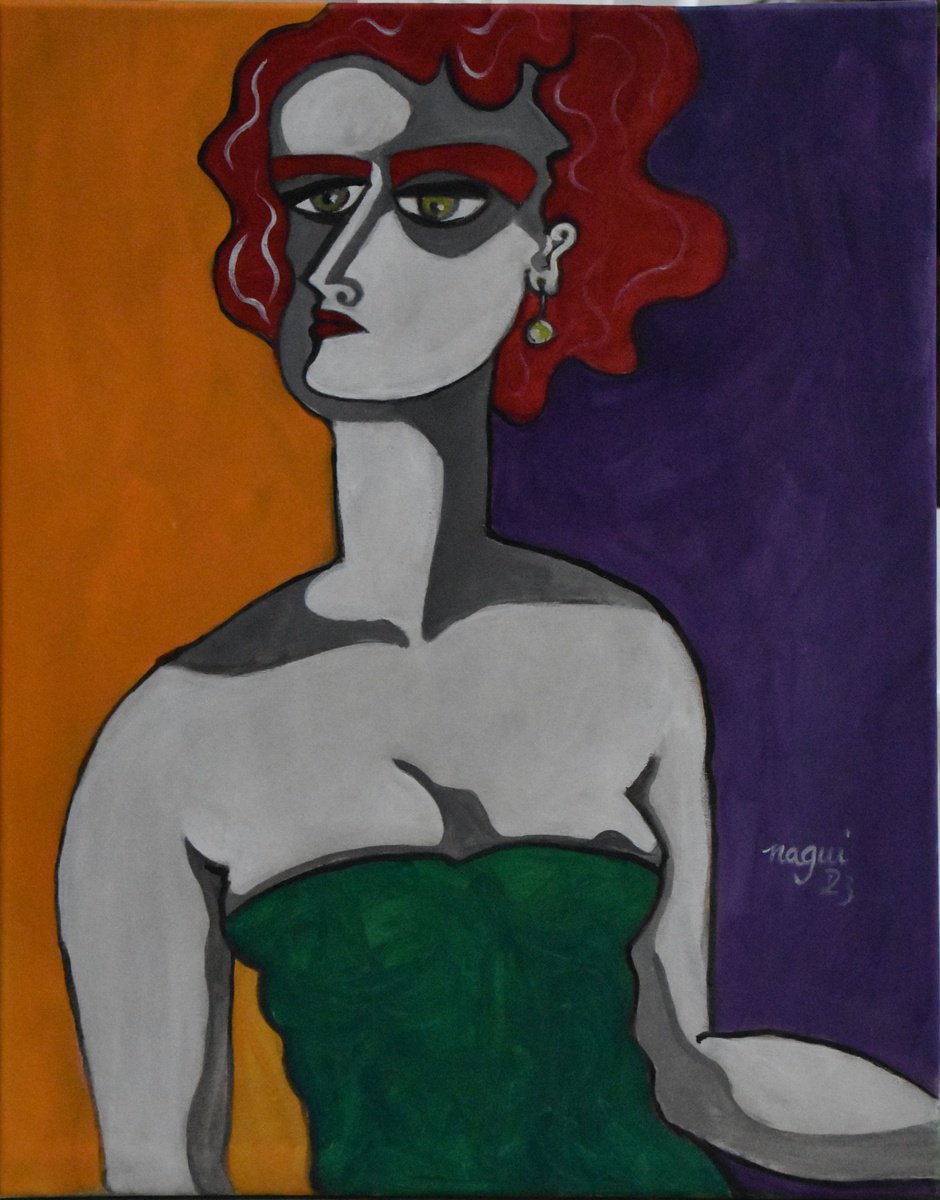 Expressive Portrait Acrylic Painting By Nagui, 16 X 20", Posing Colors 2, Original Artwork