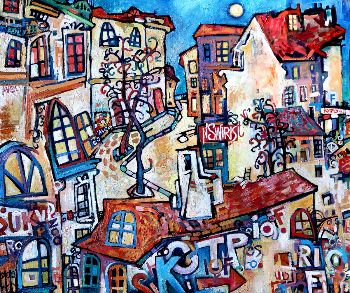 Impressionistic Landscape Oil Painting By Nikifor Swiristuhin, 37 X 31", "Old City, Moon And Graffiti", Original Artwork