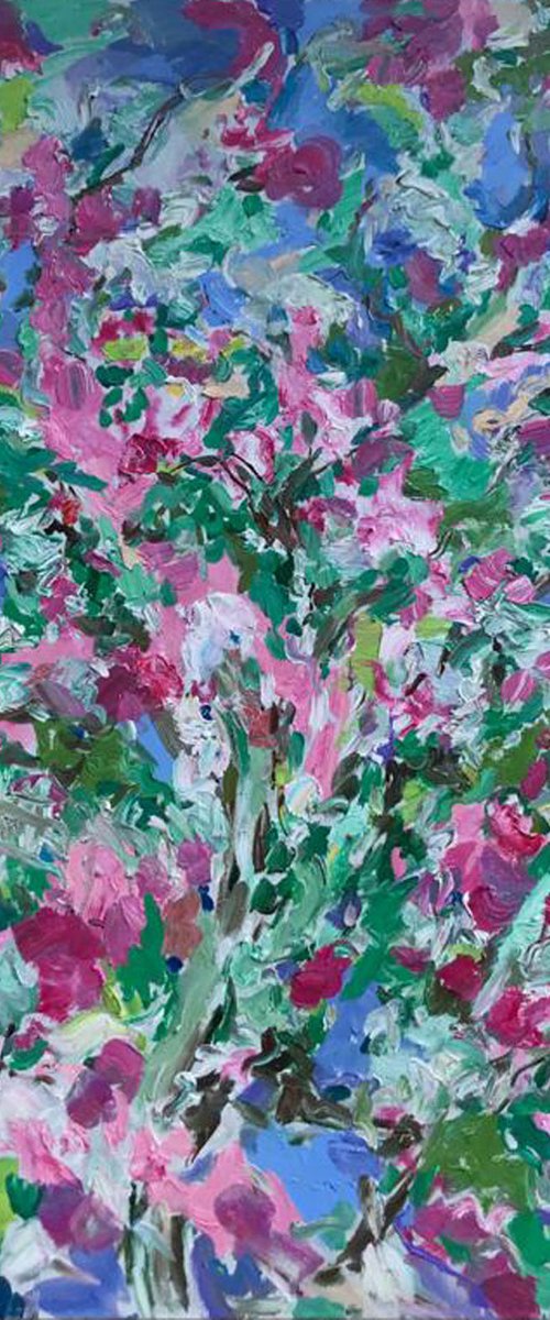 Apple Tree Blossom - floral landscape, large original oil painting by Karakhan