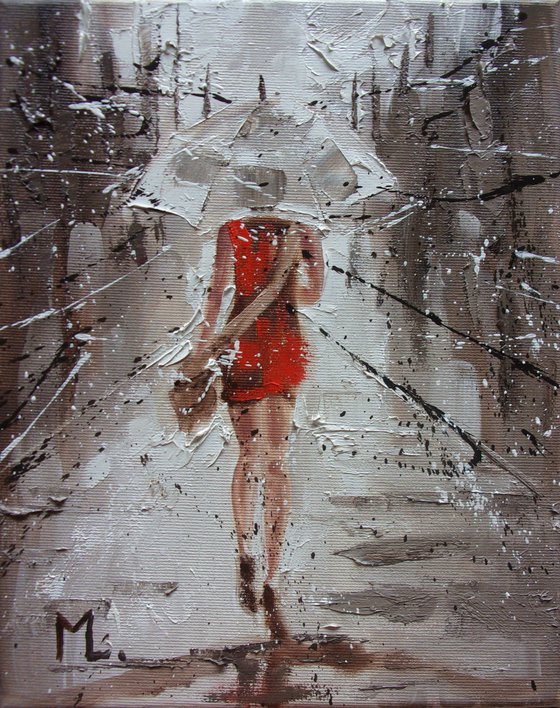 " RAINY "   street spring summer original painting CITY palette knife GIFT